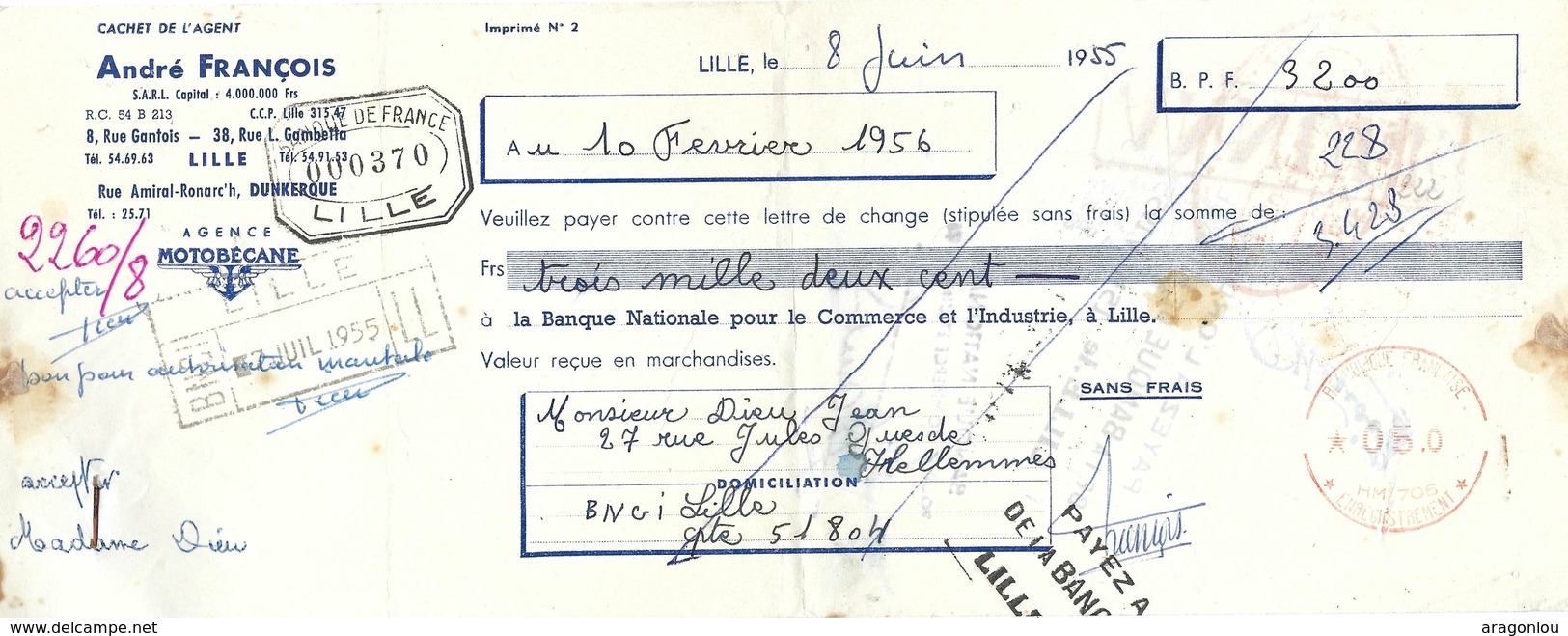 Lettre De Change Cachet André François Lille Du 8.6. 1955 Au 10.2. 1956 (2scans) - Lettres De Change