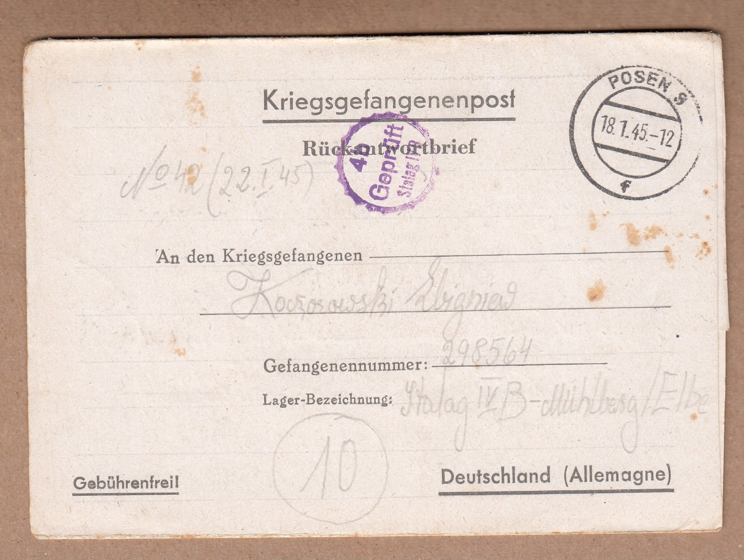Germany 1945 World War II Prisoner Of War Letter - Briefe U. Dokumente