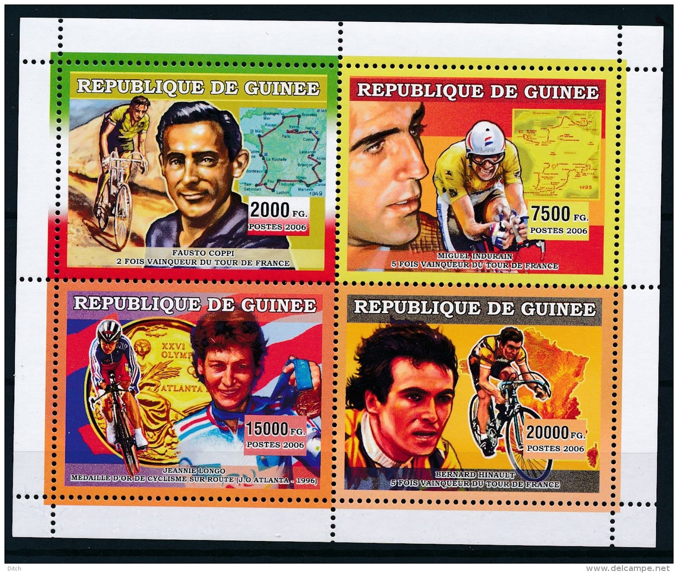 D- [401931] **/Mnh-Guinée 2006 - Vainqueurs Du Tour De France, Fausto Coffi, Miguel Indurain, Jeannie Longo, Bernard Hin - Cyclisme