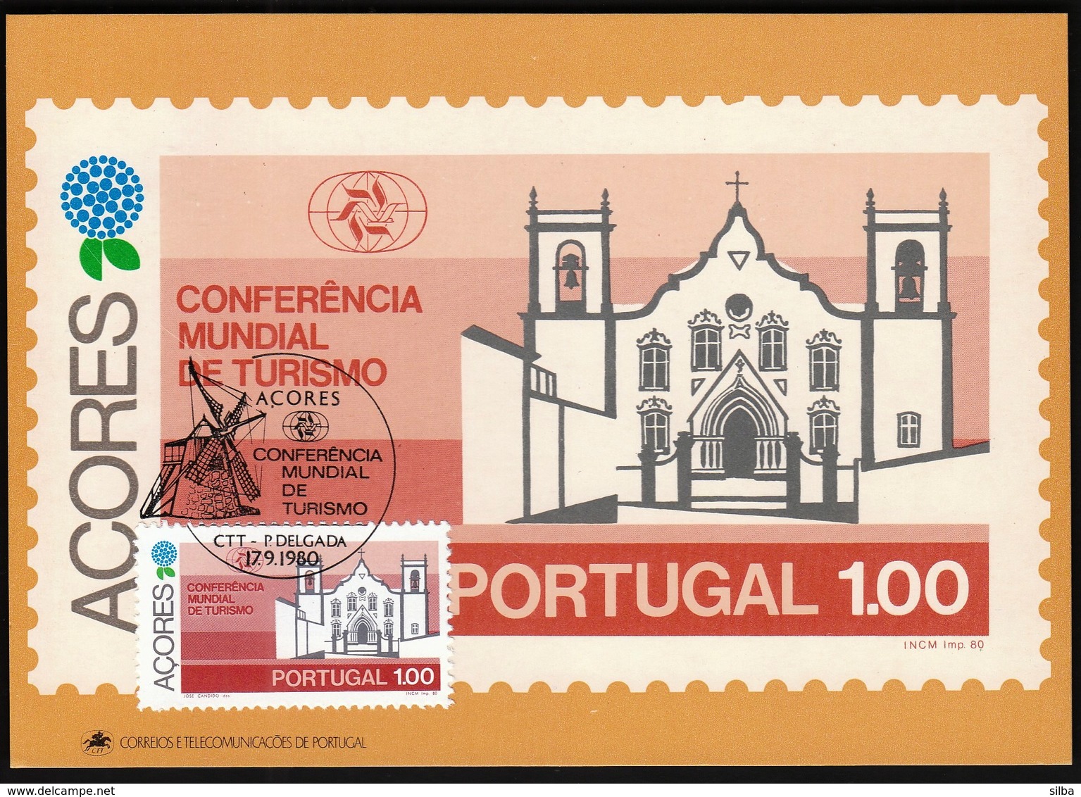 Portugal Azores, Acores 1980 / World Tourism Conference, Manila, Philippines / Windmill, Church / Maximum Card, MC, MK - Otros & Sin Clasificación