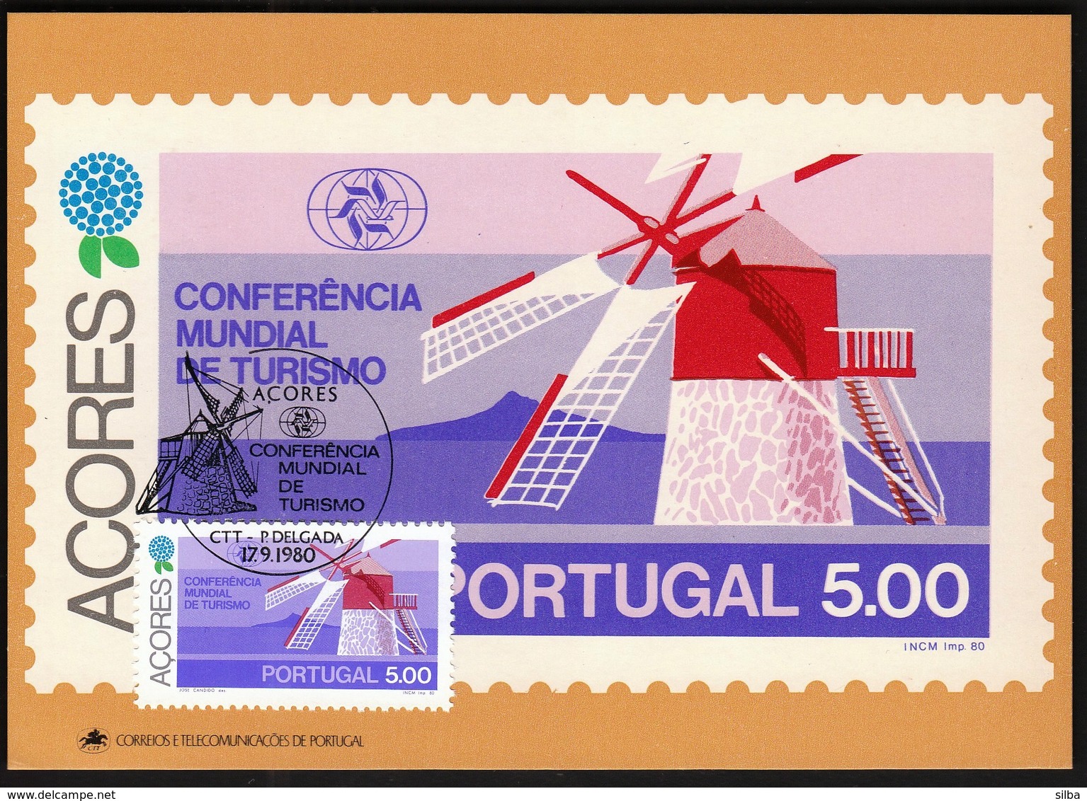 Portugal Azores, Acores 1980 / World Tourism Conference, Manila, Philippines / Windmill / Maximum Card, MC, MK - Other & Unclassified