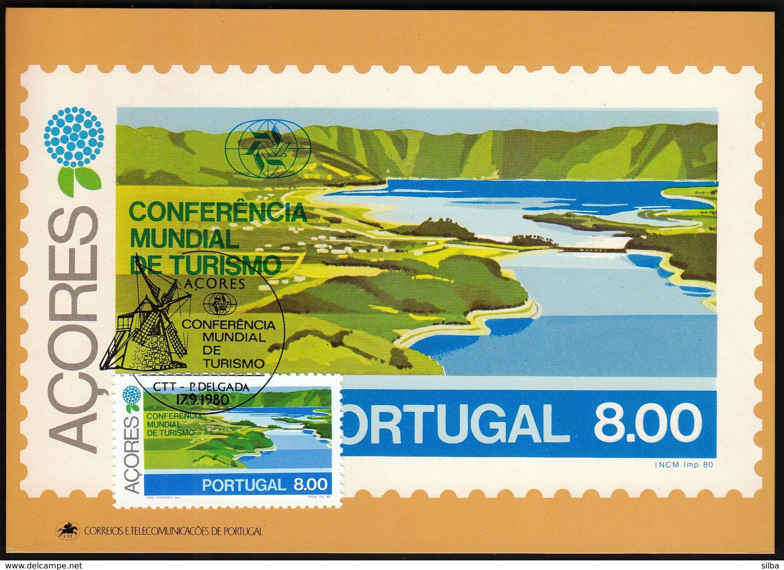 Portugal Azores, Acores 1980 / World Tourism Conference, Manila, Philippines / Windmill, Lake / Maximum Card, MC, MK - Sonstige & Ohne Zuordnung