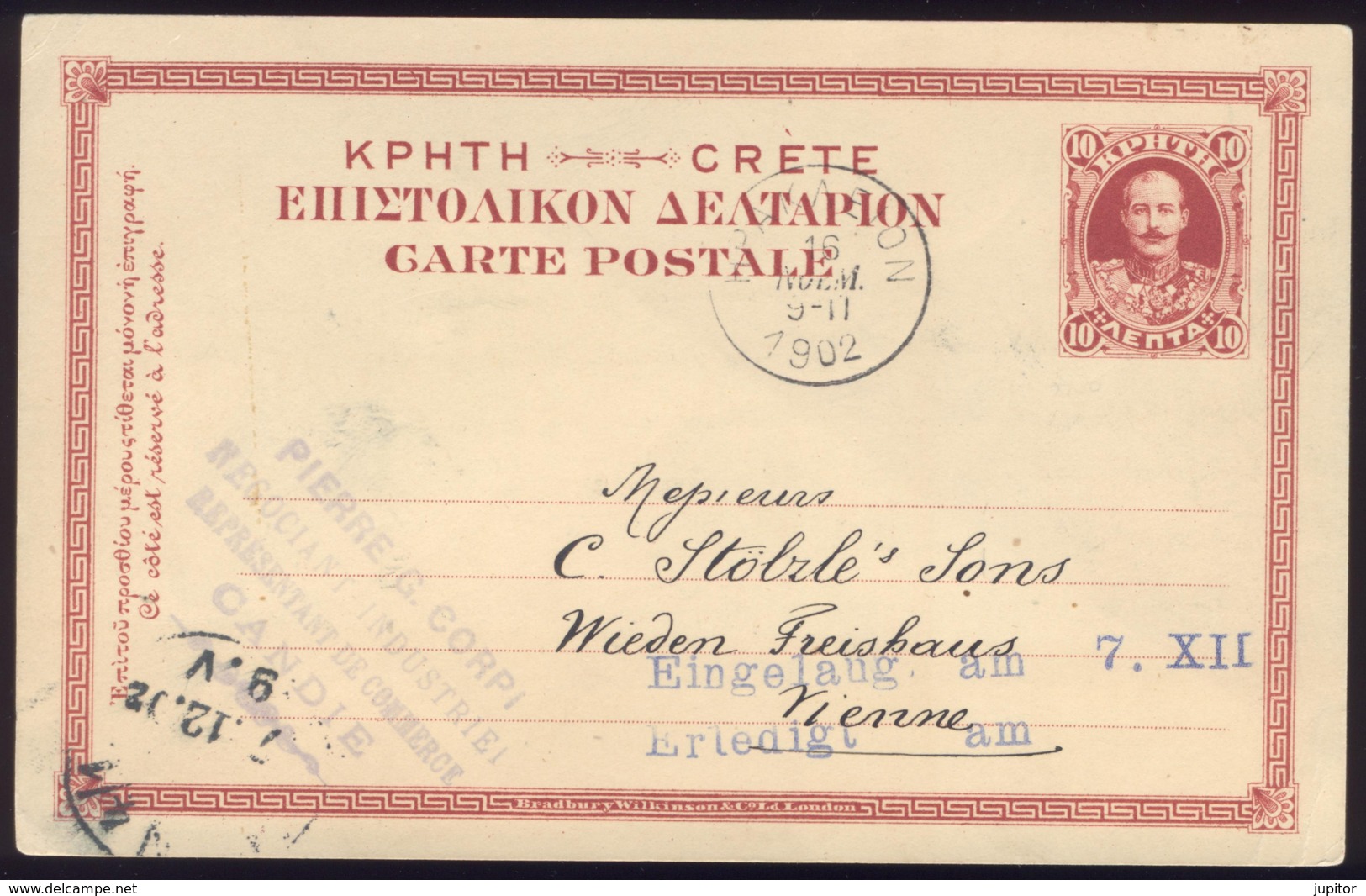 Greece Prepaid Postal Card Candia Crete To Vienna 1902 - Crete
