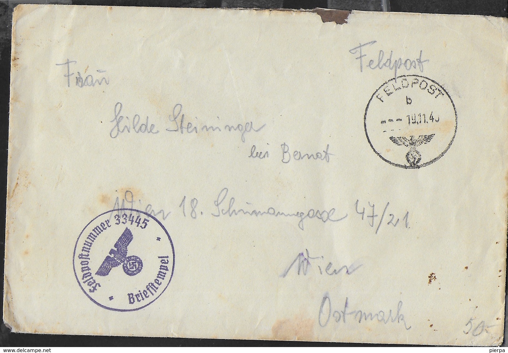 FELPOST B SU BUSTA PER VIENNA  - FELDPOSTNUMMER 33445*BRIEFSTEMPEL* 19.11.1940 - Briefe U. Dokumente