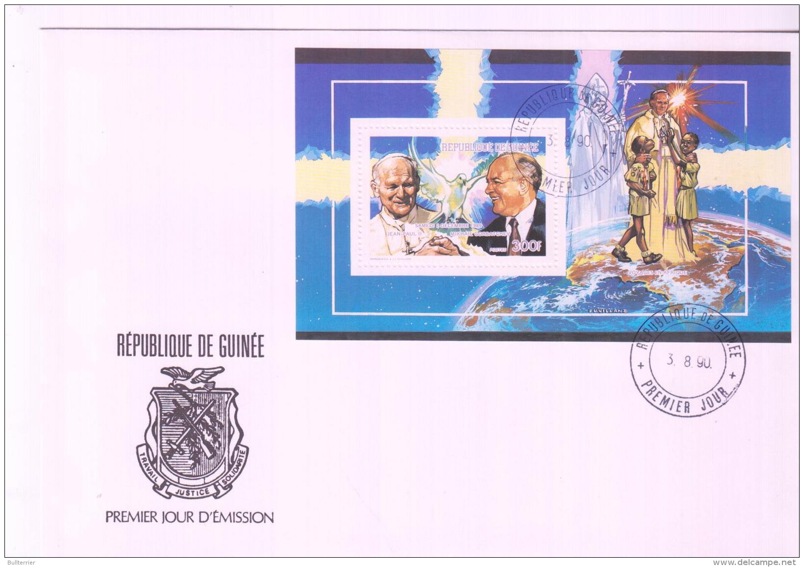 POPES -  GUINEE REP -1990 -POPE JOHN PAUL  MEETING GOURBETCHEV  S/SHEET ON  FIRST DAY COVER - Papes