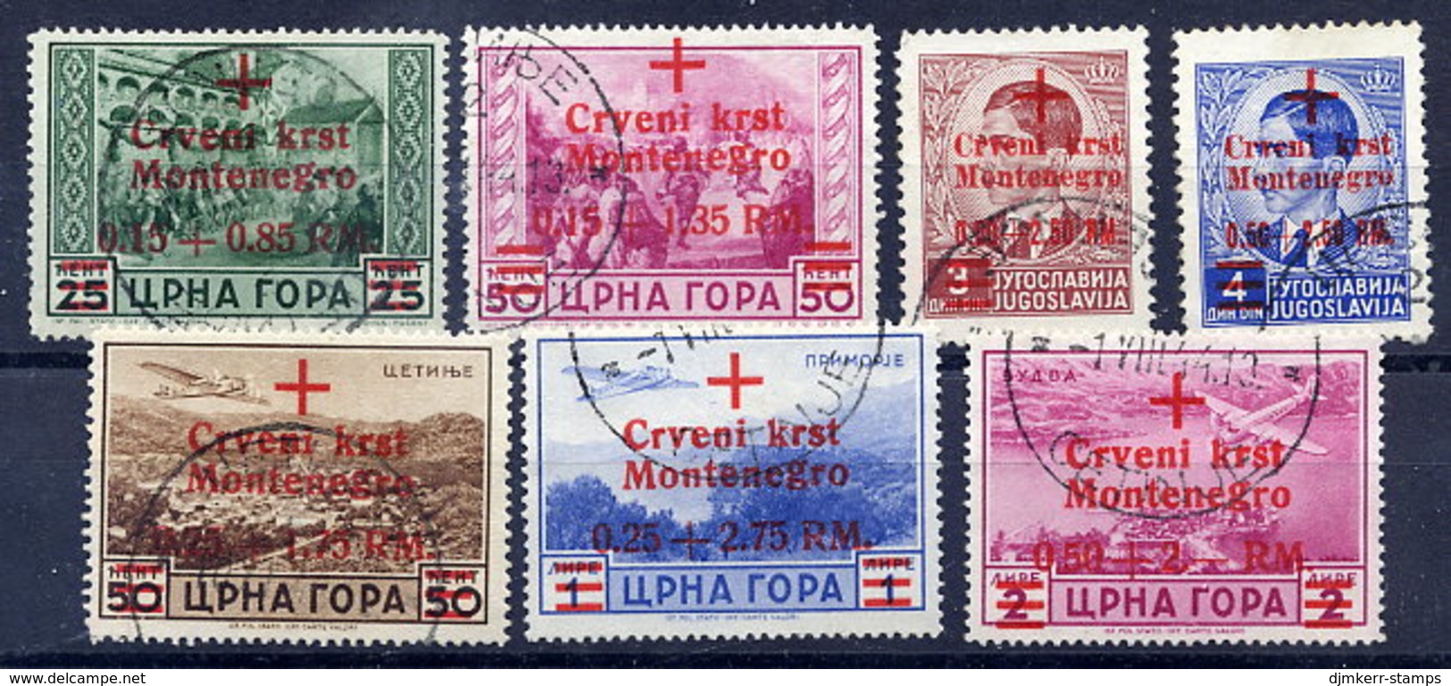 MONTENEGRO 1944 Red Cross Surcharge Set Cancelled.  Michel 29-35 - Ocupación 1938 – 45