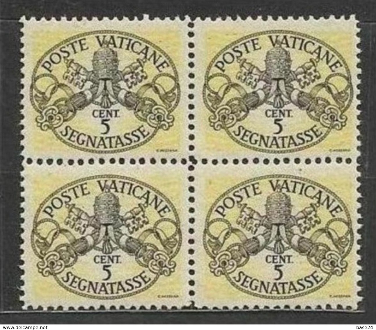 1946 Vaticano Vatican SEGNATASSE  POSTAGE DUE 5c Giallo (x4) Righe Larghe Carta Bianca Quartina MNH** Firm.Biondi Bl.4 - Segnatasse