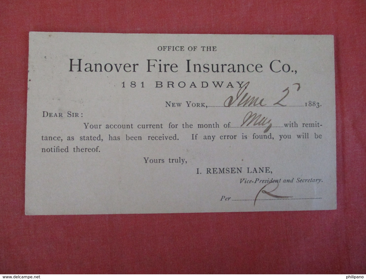 Postal Card-- Hanover Fire Insurance Co.  1883.- Ref 3024 - Advertising