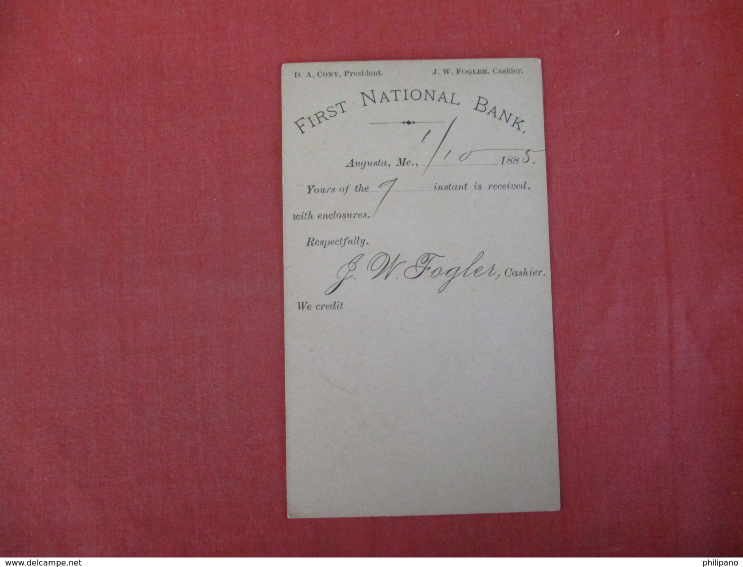 Postal Card-- First National Bank  Augusta Me.  1885- Ref 3024 - Advertising