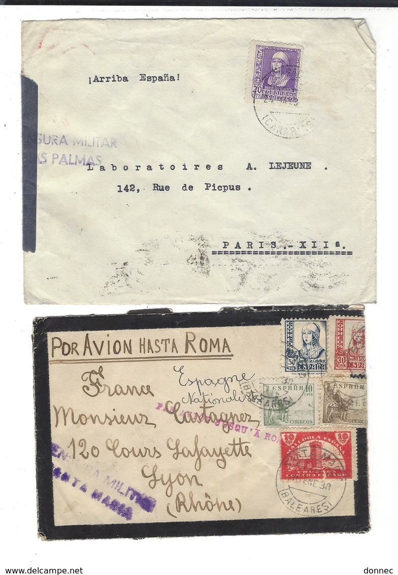 CENSURA Militar Las Palmas - Censura Santa Maria " Par Avion Jusqu'à Rome " 1938 - Marcas De Censura Nacional