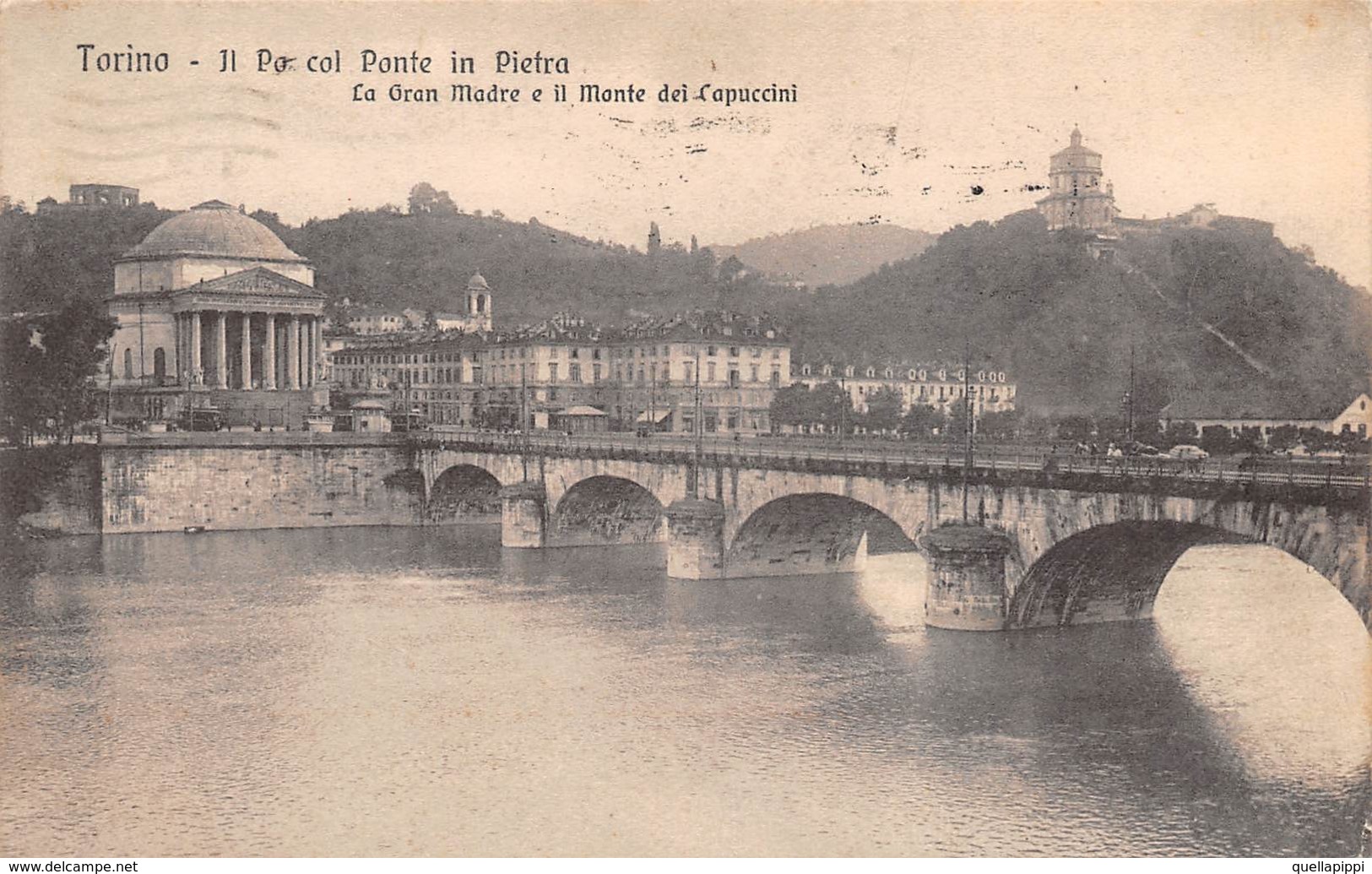 08182 "(TO) IL PO COL PONTE IN PIETRA -LA GRANDE MADRE DI DIO E MONTE DEI CAPUCCINI"  CART  SPED 1913 - Bridges