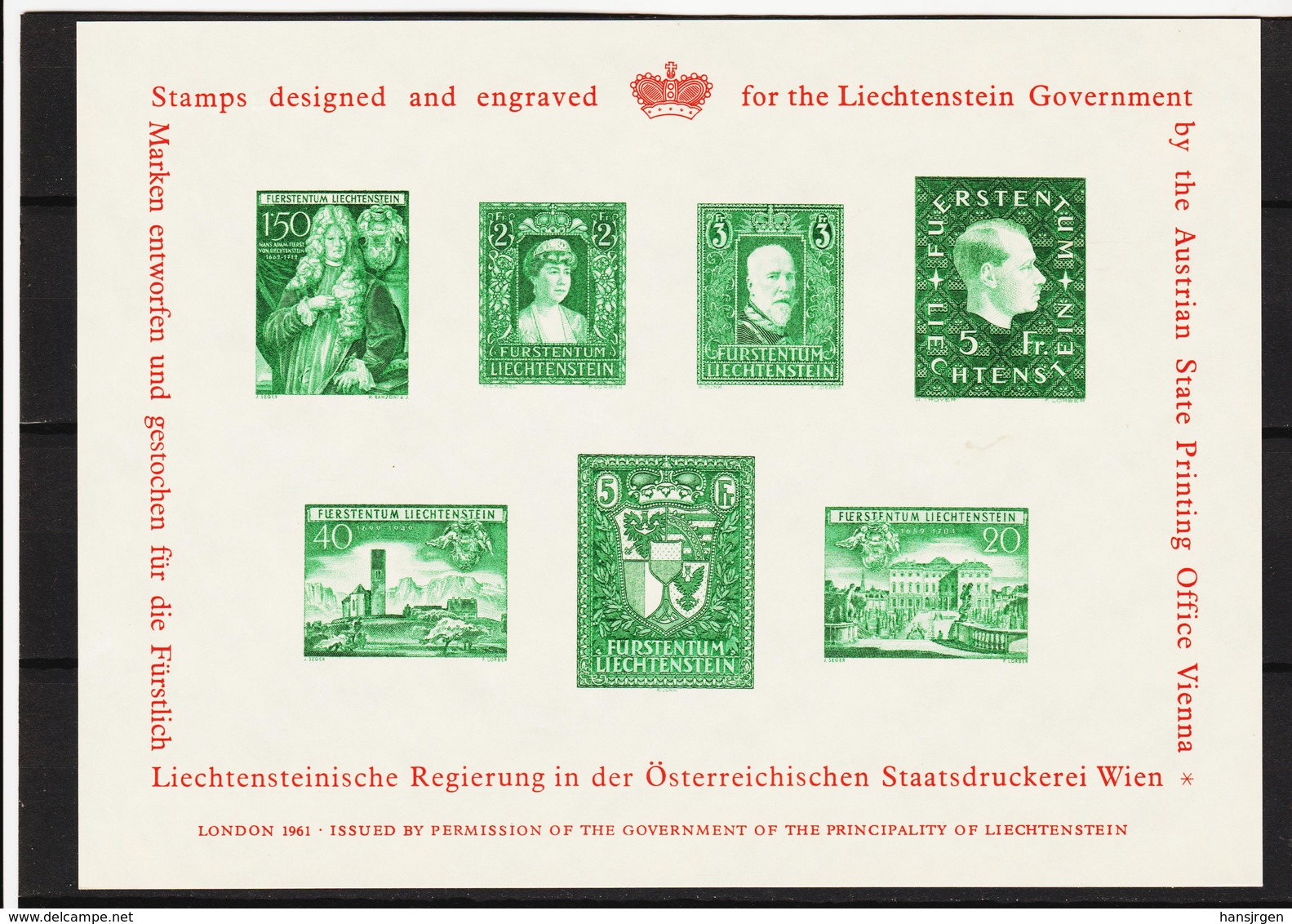 RTY648 LIECHTENSTEIN 1961 SOUVENIER SHEETS Gedenkblock B N° 04230 In Grün SIEHE ABBILDUNG - Unused Stamps