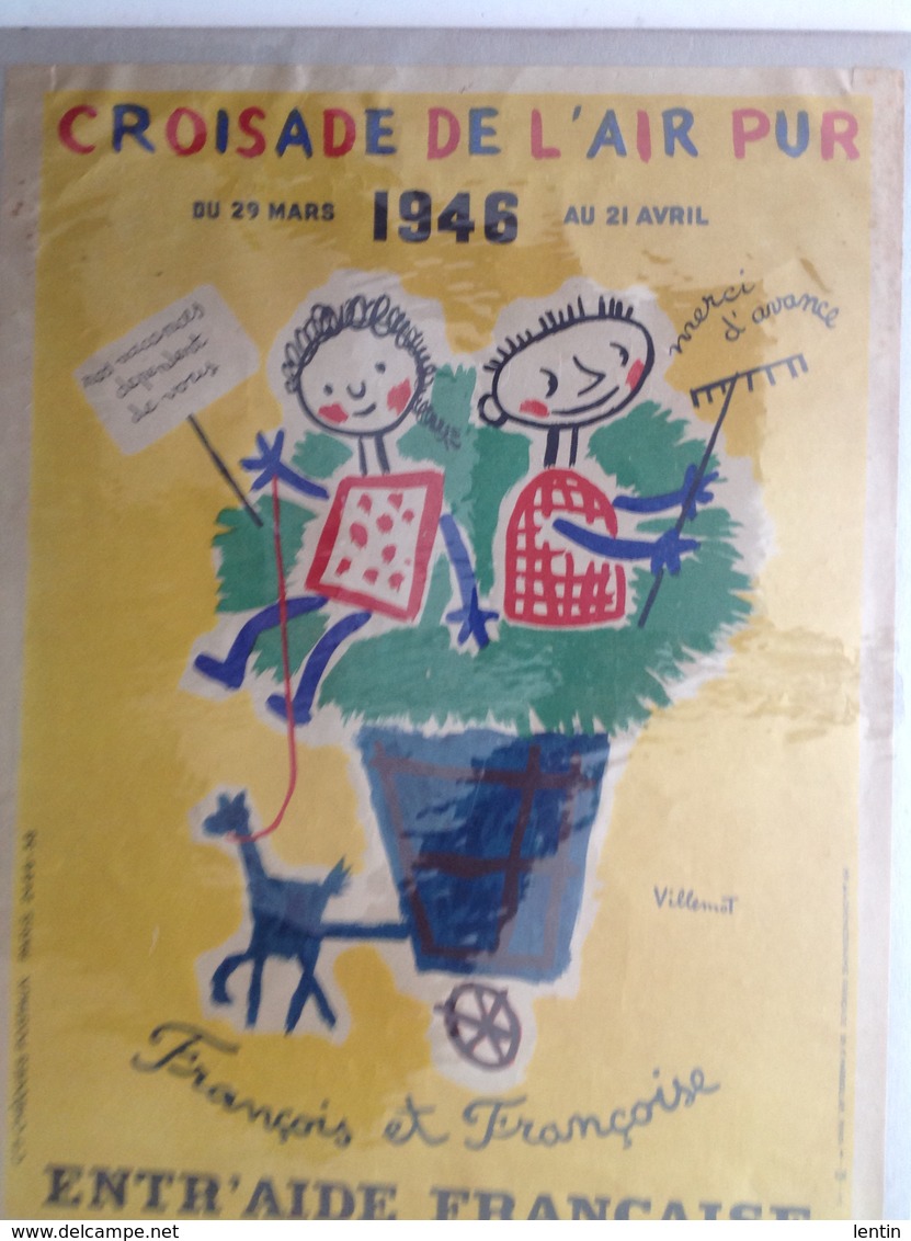 Affiche Ancienne De VILLEMOT - Croisade Air Pur 1946,  François Et Françoise - Aide Enfance Pour Les Vacances - Affiches
