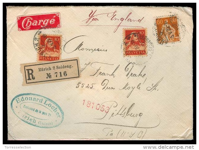 Switzerland - XX. 1920 (5 May). Zurich - USA. Reg Mutlifkd Mixed Issues Env + Tied ""Charge"" Color Label. VF. - Other & Unclassified