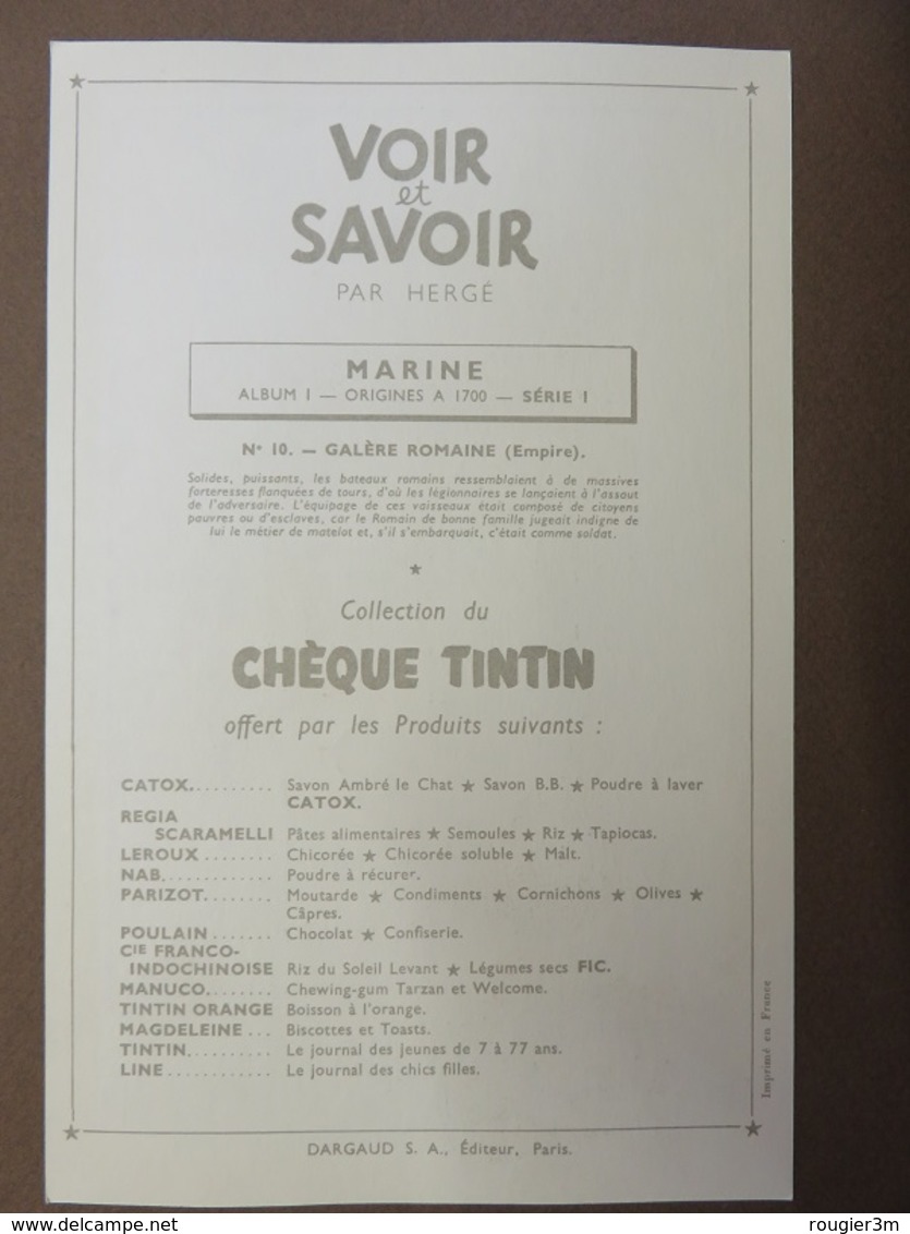 202 - Voir Et Savoir - Hergé - Collection Chèque Tintin - Marine - N° 10 - Galère Romaine - Empire - Chromos