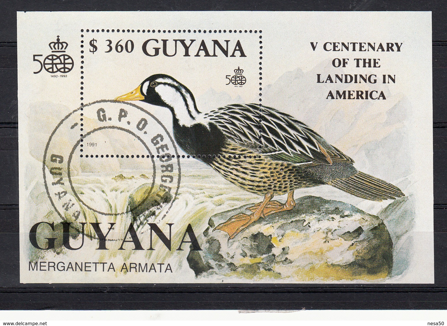 Guyana 1991 Mi Nr Blok 127, Bird, Bergbeekeend, Torrent Duck, Ontdekking Van Amerika - Guyana (1966-...)