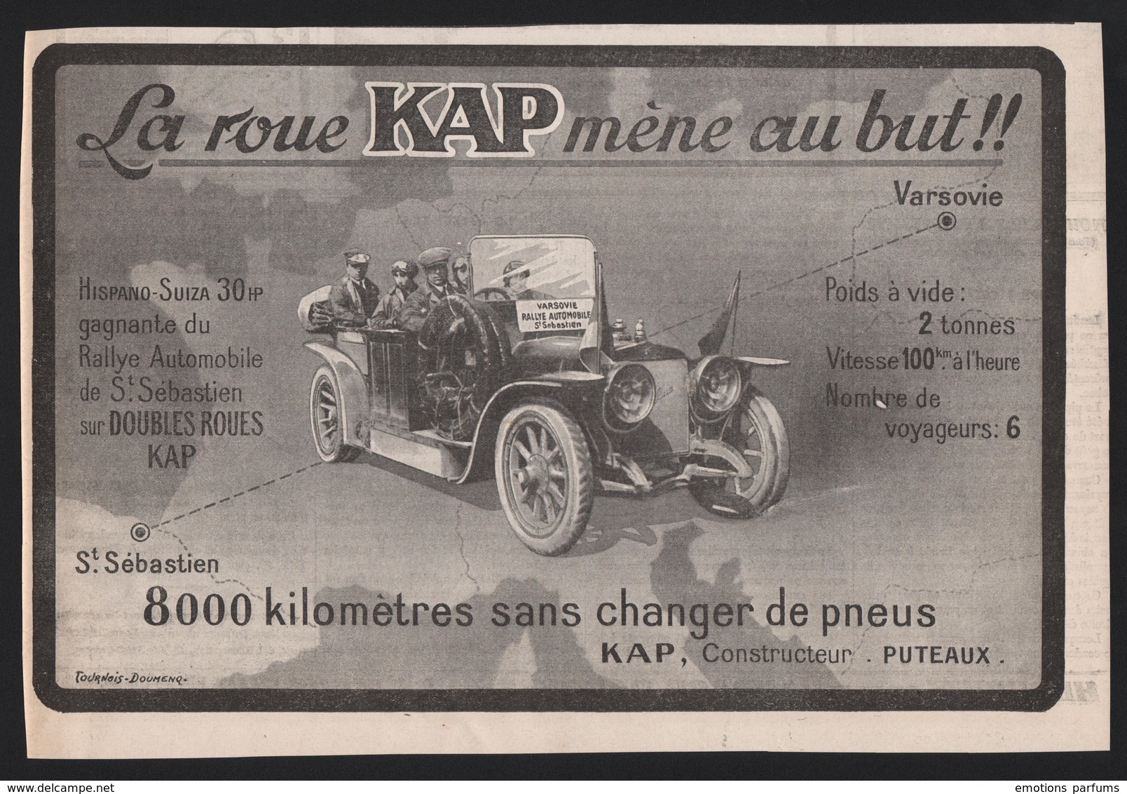 Pub 1913 Automobile HISPANO SUIZA Voiture Tacot Traction  Pneu KAP Puteaux Rallye De Saint Sébastien Varsovie - Publicités