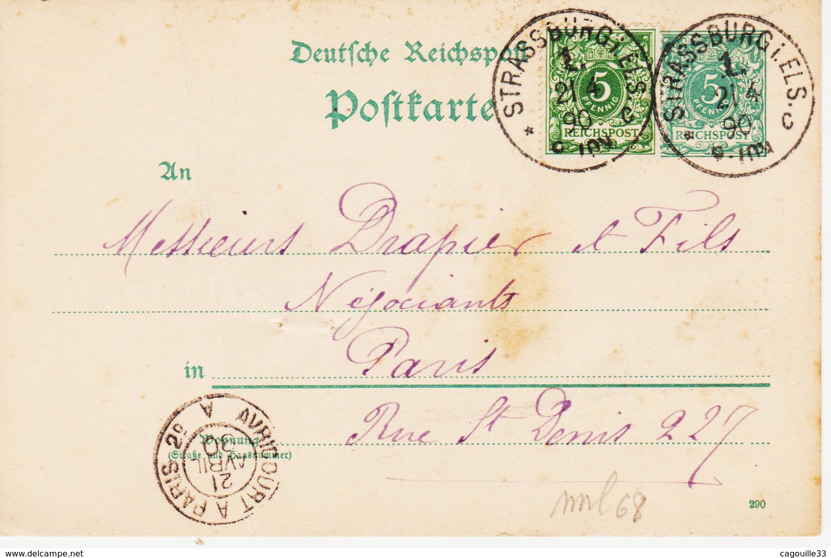 France, Entier Allemand  Avec Complément Concordant De Strasbourg ( Elsas) En 1890  TB - Sonstige & Ohne Zuordnung