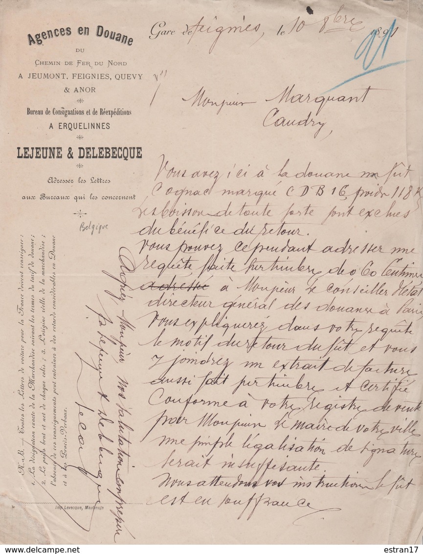 ERQUELINNES AGENCES EN DOUANE DU CHEMIN DE FER DU NORD LEJEUNE & DELEBECQUE - 1800 – 1899