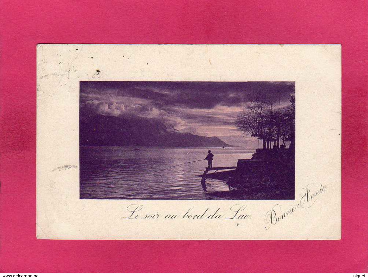 Suisse, Neuchâtel, Le Soir Au Bord Du Lac, "Bonne Année", Animée, Pêcheur, 1907, (Jullien) - Neuchâtel