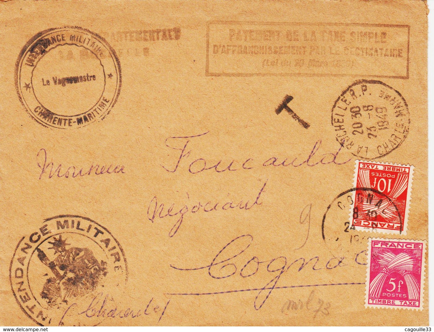 France, Sur Lettre En Franchise  Simple Taxe , 15 F En 1949 La Rochelle à Cognac TB - 1960-.... Briefe & Dokumente