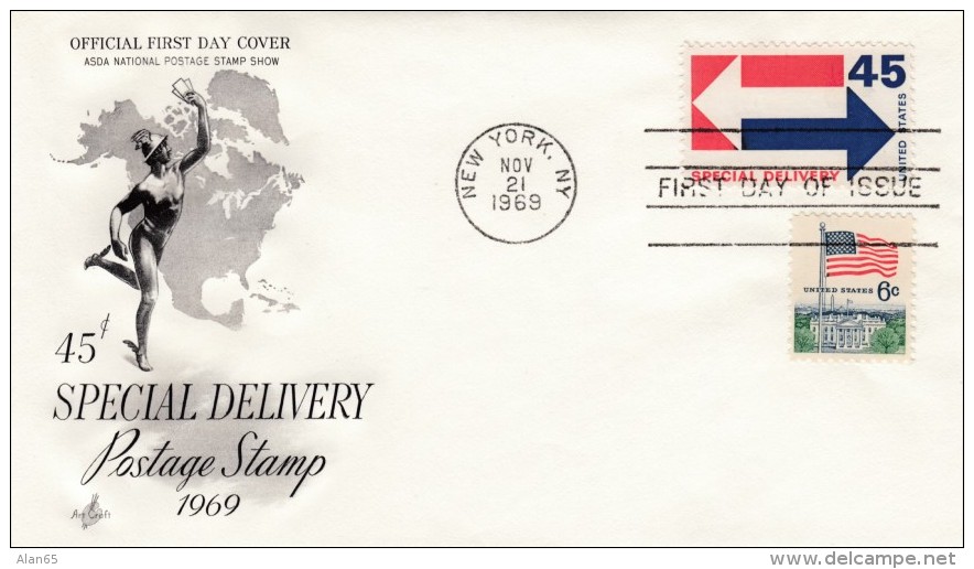 Sc#E22 FDC, 45c Special Delivery 1969 'Arrows' Issue On Illustrated First Day Cover, 6c Postage Additional Stamp - Expres & Aangetekend