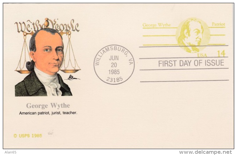 Sc#UY37 FDC, 14c George Wythe 1985 Postal Reply Card - 1981-00