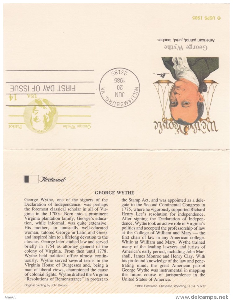 Sc#UY37 FDC, 14c George Wythe 1985 Postal Reply Card - 1981-00