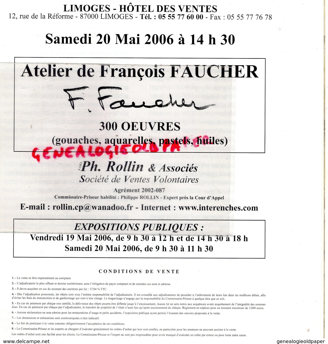 87 - LIMOGES- CATALOGUE VENTE ATELIER FRANCOIS FAUCHER- ARTS DECORATIFS LIMOGES- THEATRE ALCAZAR-1906-1985-ROLLIN - Waterverf