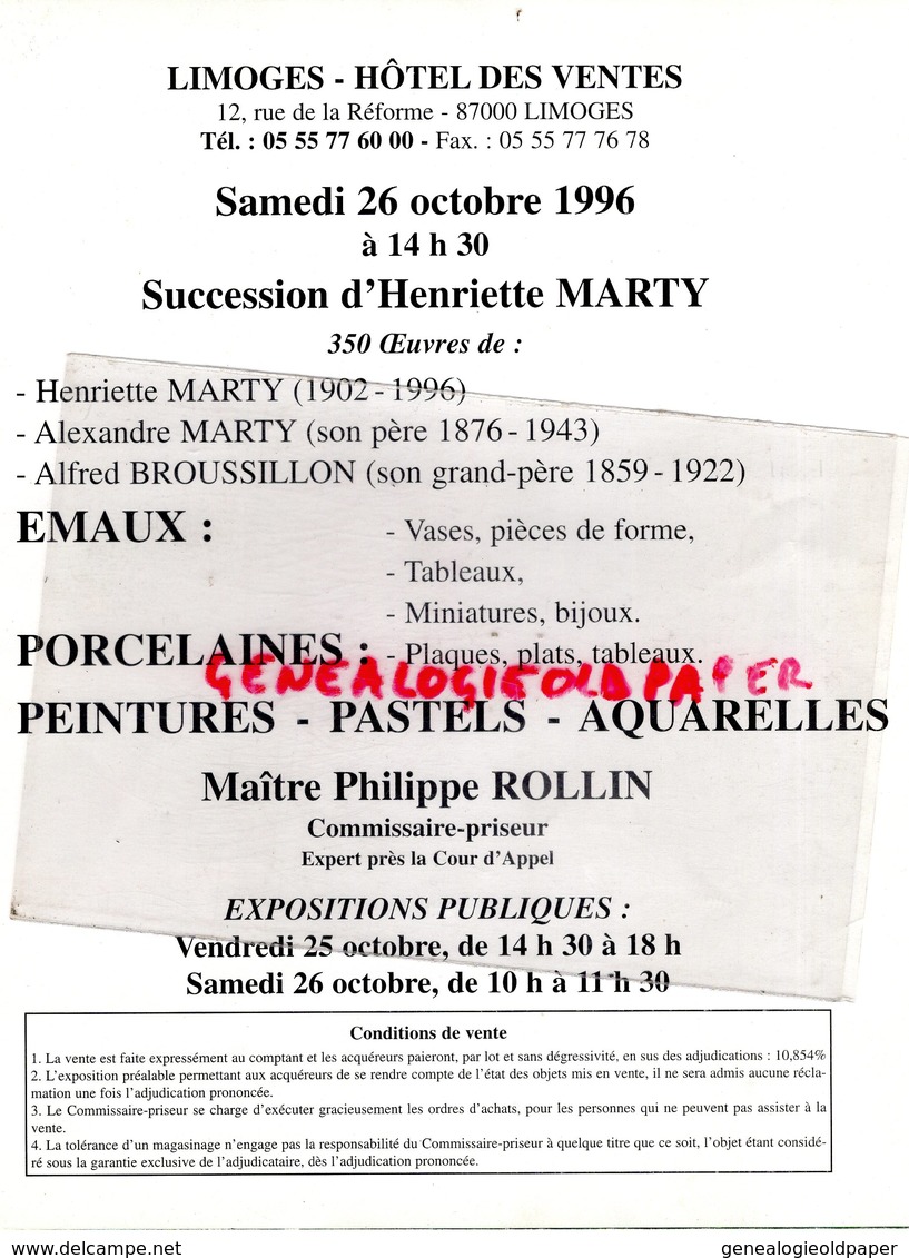 87 - LIMOGES- CATALOGUE VENTE A.ET HENRIETTE MARTY- EMAIL-EMAUX PORCELAINES-PORCELAINE-TABLEAUX- ROLLIN 1996- - Limoges (FRA)