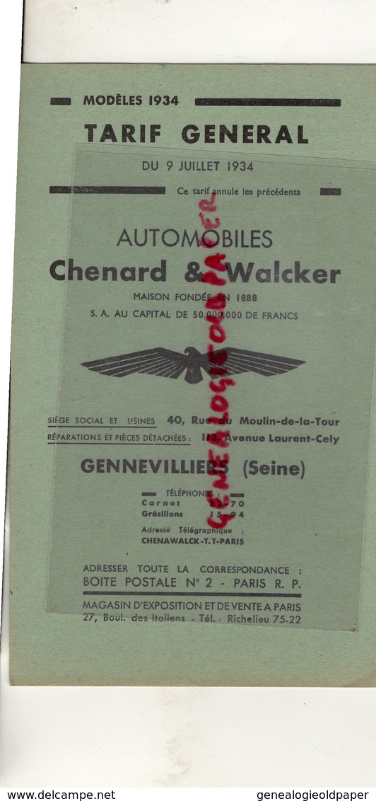 92- GENNEVILLIERS- TARIF GENERAL 1934- AUTOMOBILES CHENARD & WALCKER- - Automobil