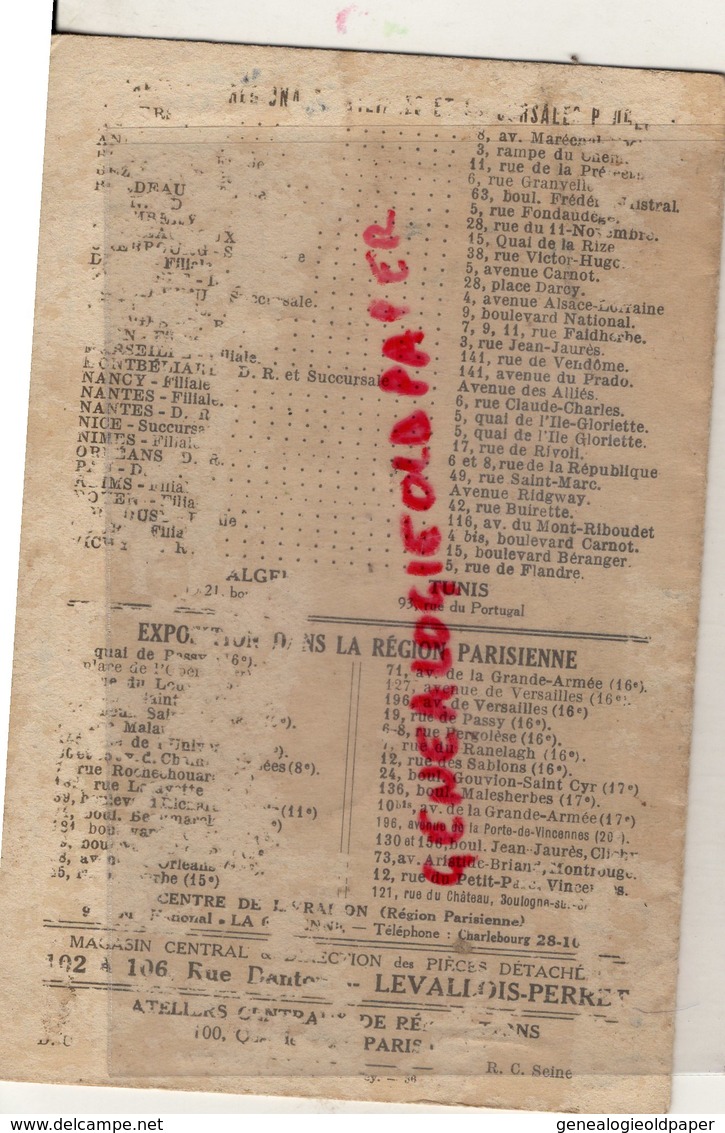 63- CLERMONT FERRAND- TARIF 1936- VOITURES PEUGEOT - CACHET GRAVE A FROID CHALAS FRERES 20 RUE GONOD - Automovilismo