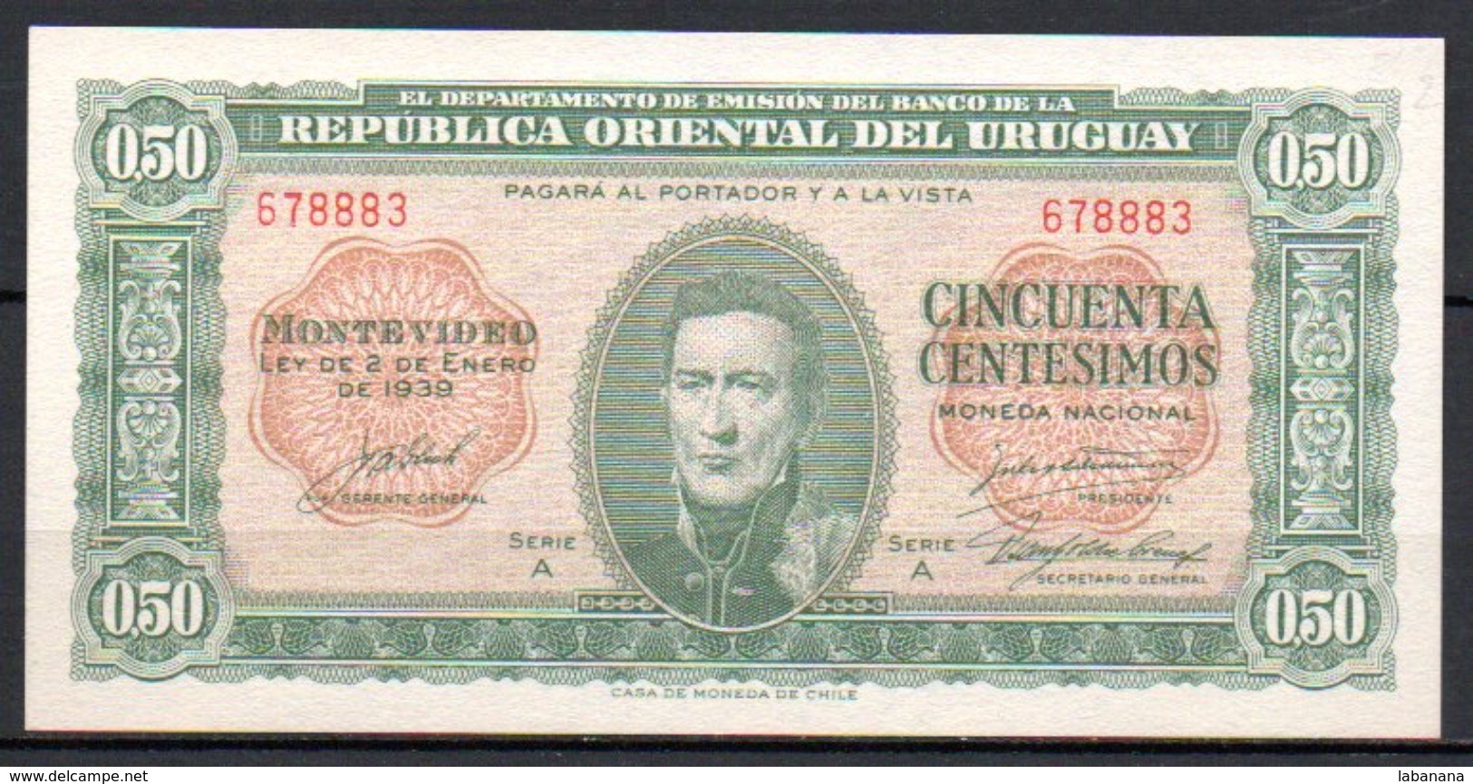 386-Uruguay Billet De 50c 1938 A678 Neuf - Uruguay