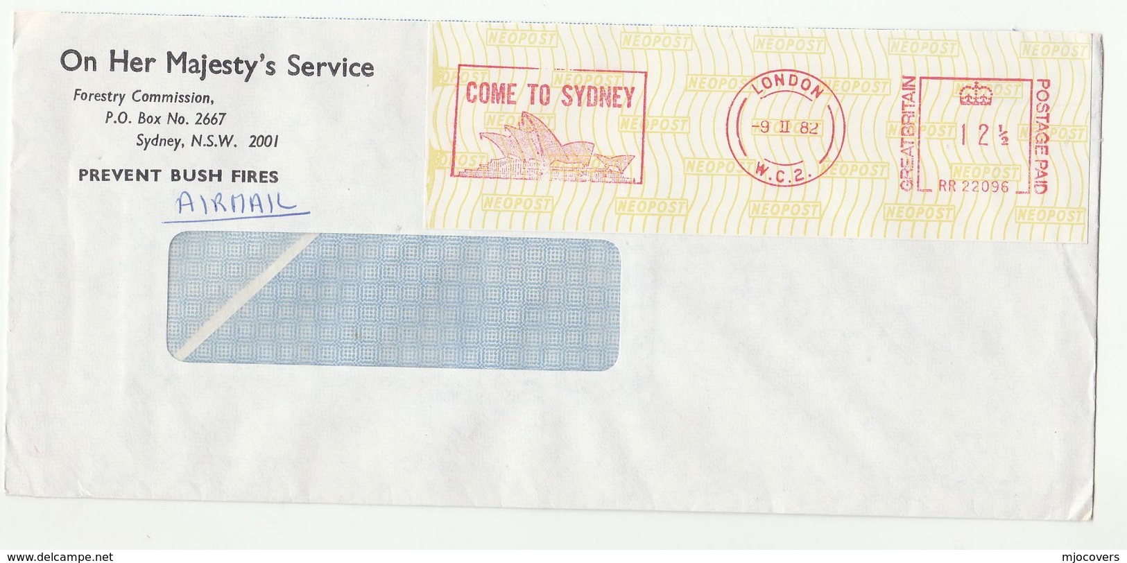 1982 OHMS NSW FORESTRY SERVICE COVER Prevent Bush Fires, Illus SYDNEY OPERA HOUSE METER SLOGAN LONDON GB Australia Music - Cartas & Documentos