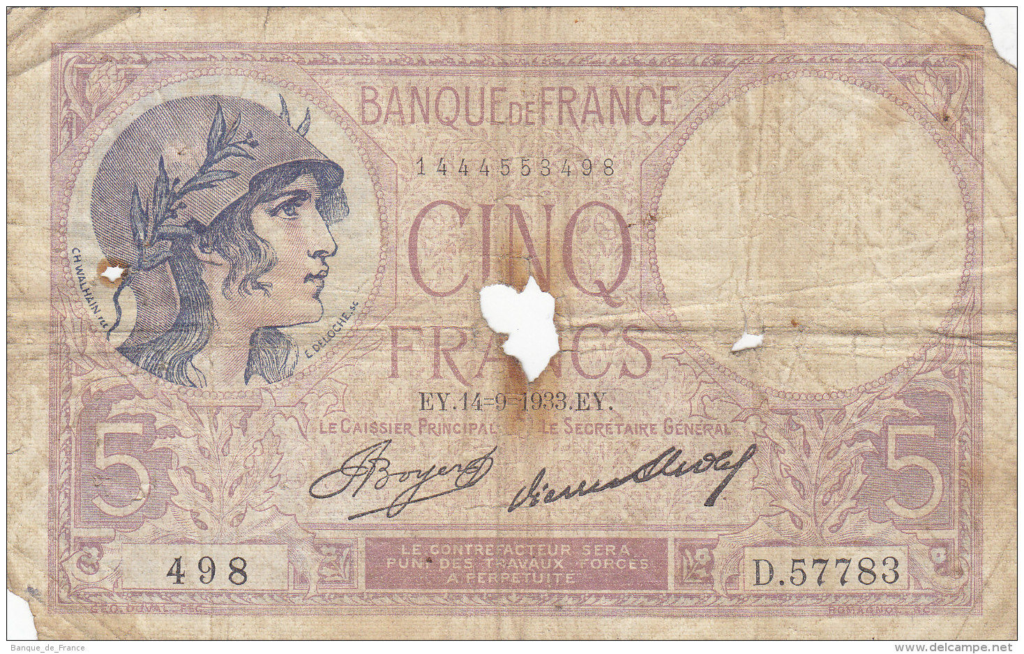 Billet 5 F Violet Du 14-9-1933 FAY 3.17 Alph. D.57783 DERNIERE DATE - 5 F 1917-1940 ''Violet''