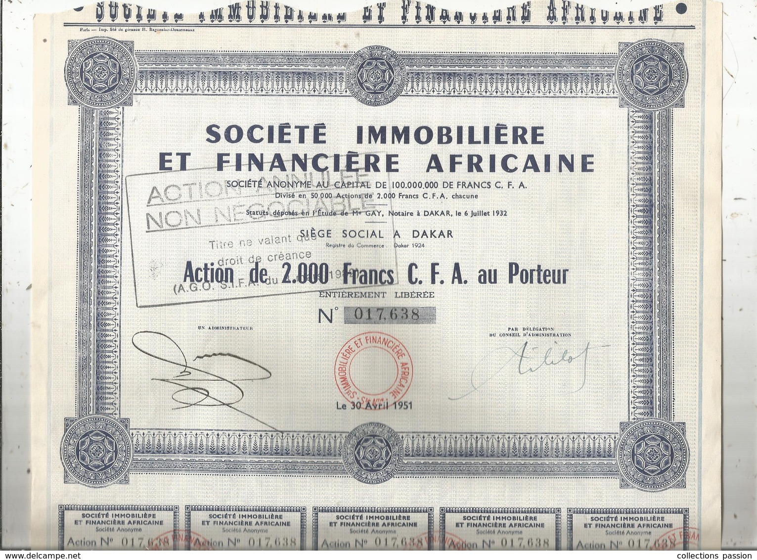 Action De 2000 Francs C.F.A., Société Immobilière Et Financière Africaine , Dakar , 1951 , Frais Fr 1.95 E - Autres & Non Classés