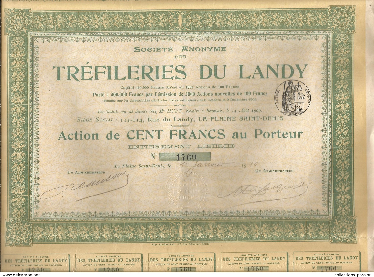 Action De Cent ,100 Francs , S.A. TREFILERIES DU LANDY , La Plaine Saint Denis, N° 1760/2000 , Frais Fr 1.95 E - Autres & Non Classés