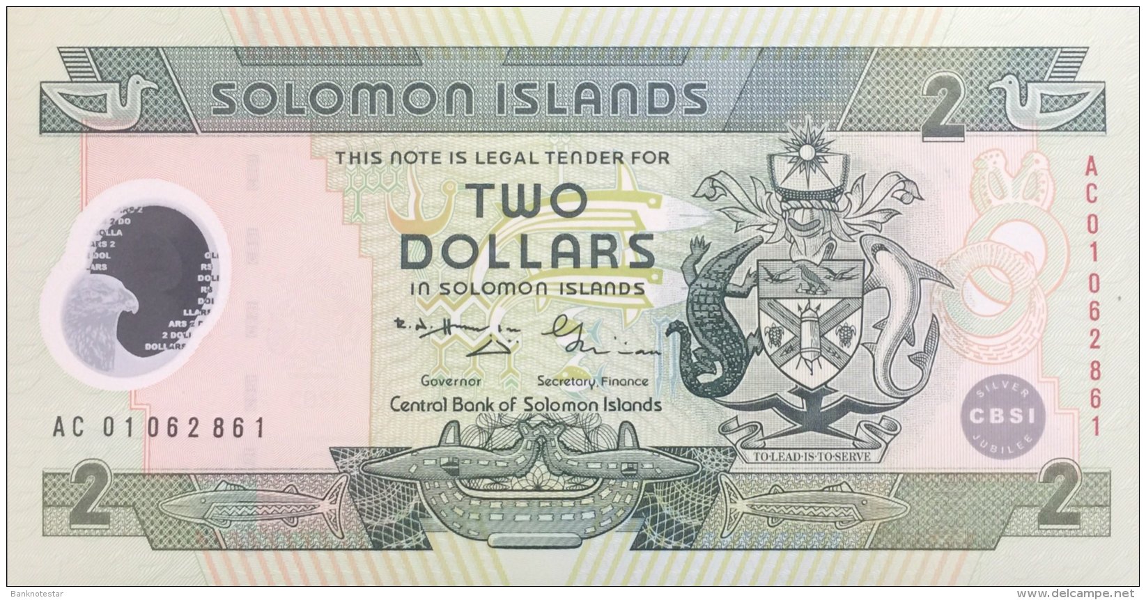 Solomon Islands 2 Dollars, P-23 (2001) - 25 Years Central Bank Note - UNC - Solomonen