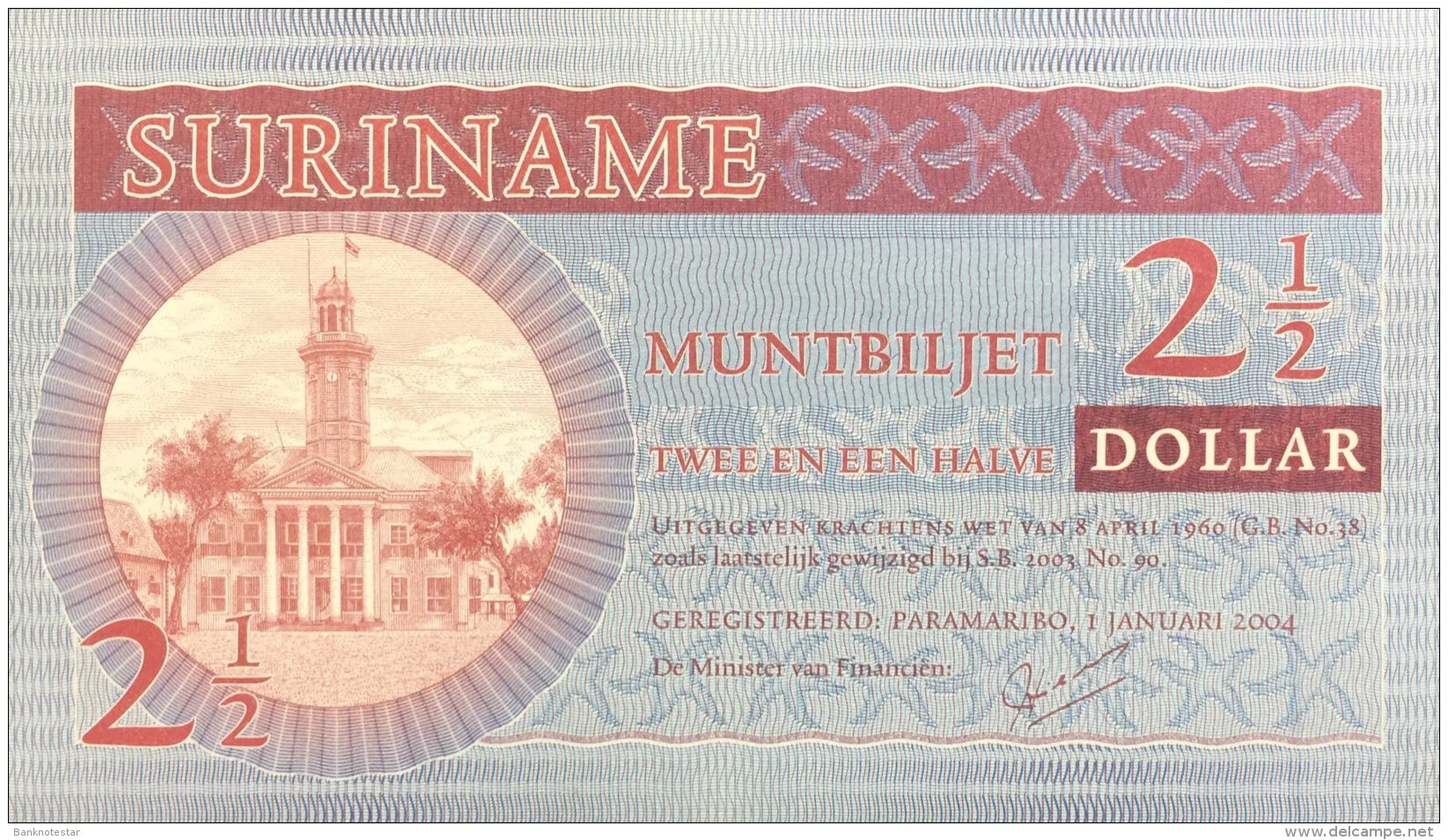 Suriname 2 1/2 Dollar, P-156 (2004) - UNC - Surinam