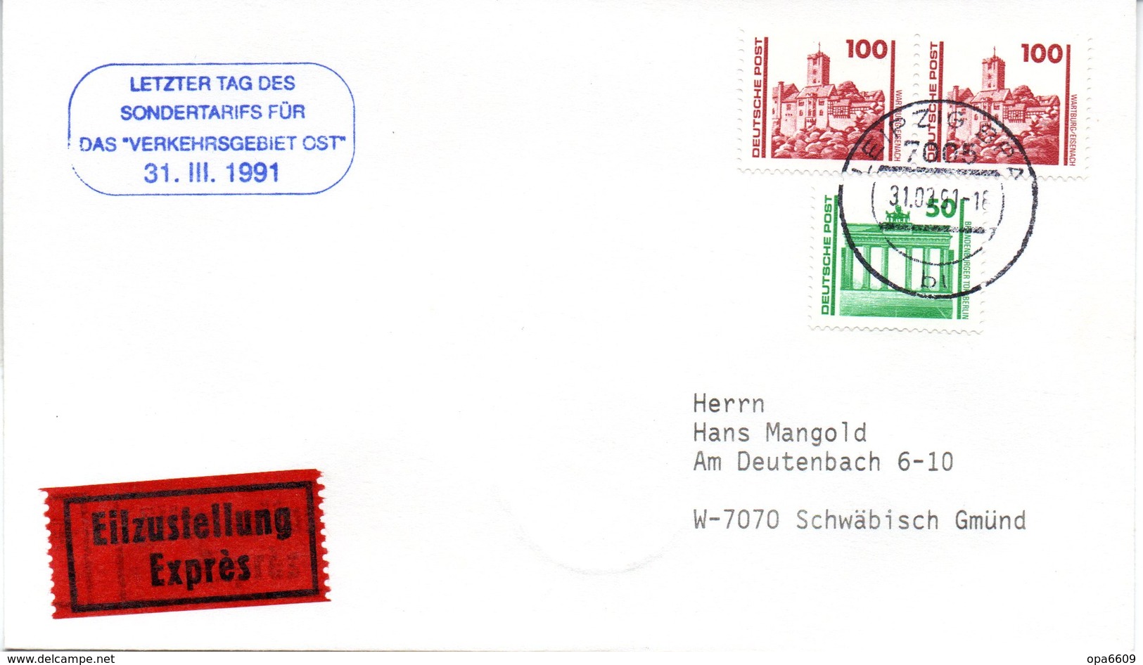 (Gm3) BRD Stempel-Beleg "Letzter Tag Des Sondertarifs VERKEHRSGEBIET OST"  MiF Deutsche Post (DDR) TSt 31.3.1991 LEIPZIG - Briefe U. Dokumente