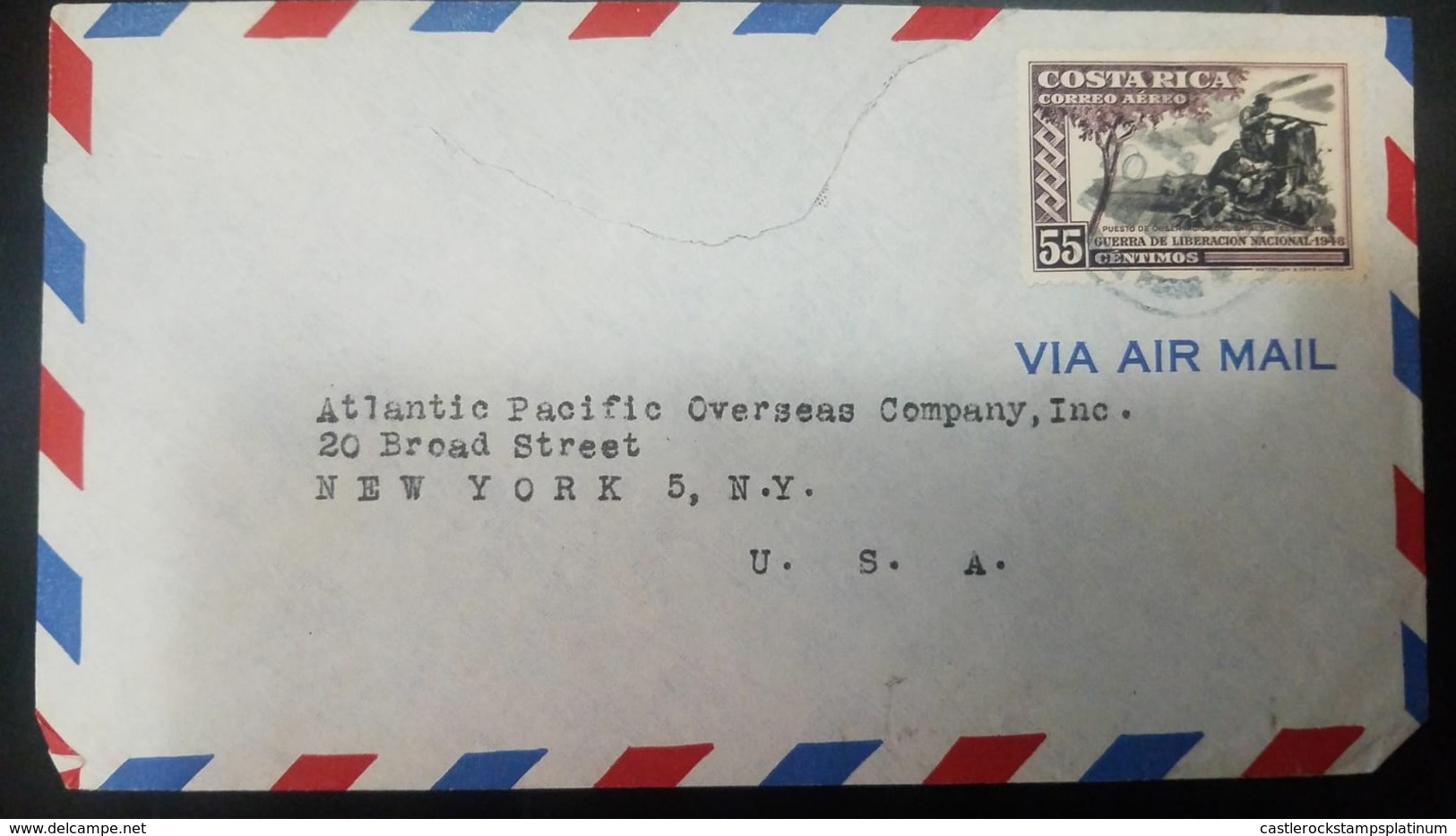 O) 1949 COSTA RICA, WAR FOR NATIONAL LIBERATION-BATALLON OBSERVATION POSITION SCOTT  C193 AP49 55c, AIRMAL TO USA - Costa Rica