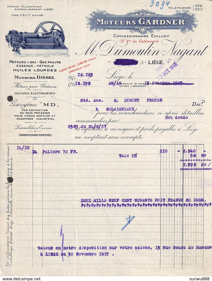 Liège - M Dumoulin - Moteurs Gardner, Moteurs à Gaz, Essence.. 1922 Illustrée - 1900 – 1949