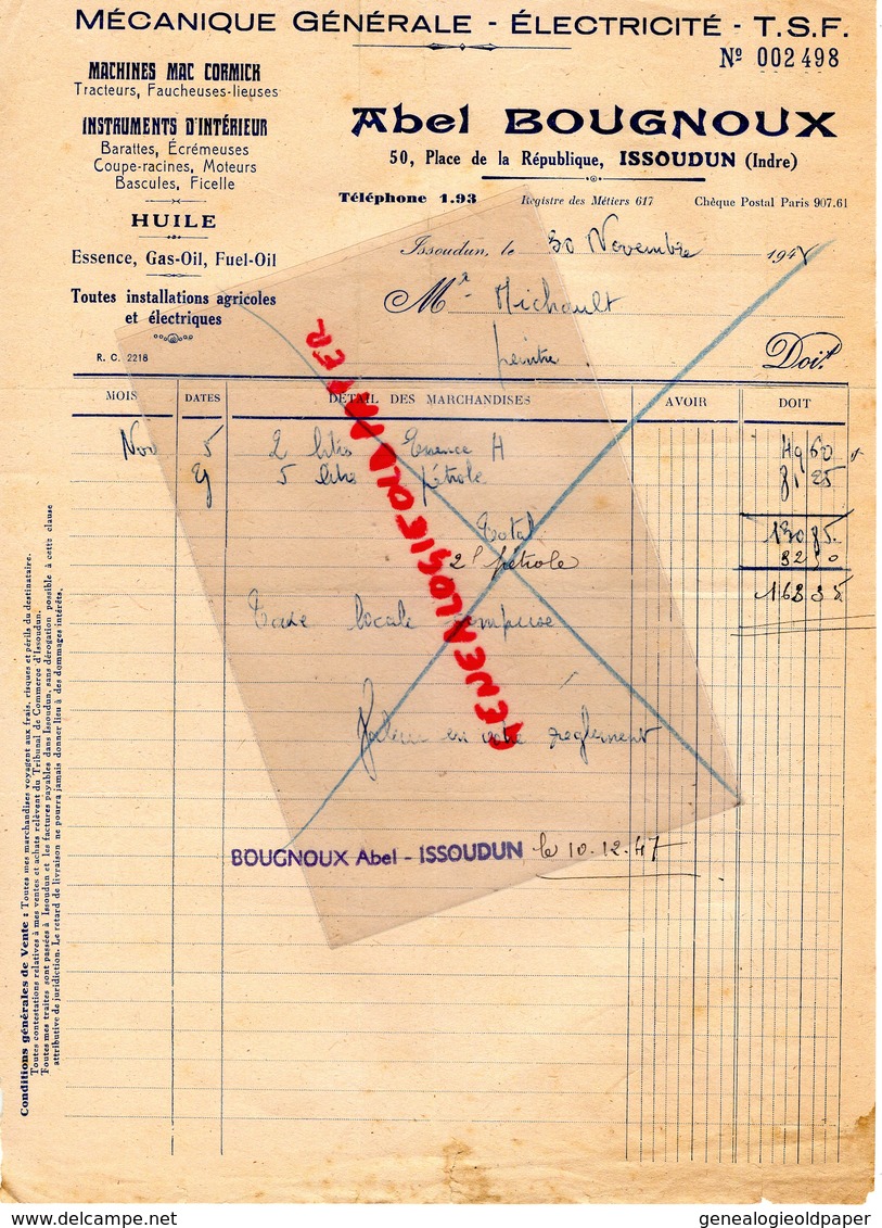 36- ISSOUDUN - FACTURE ABEL BOUGNOUX- MECANIQUE GENERALE-ELECTRICITE-TSF- MAC CORMICK-HUILE-ESSENCE-GAS OIL-1948 - Elektriciteit En Gas