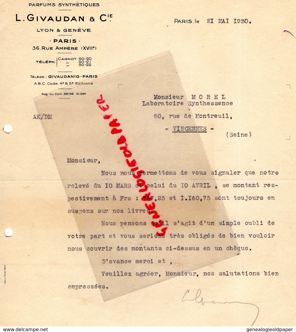 75- PARIS- LETTRE L. GIVAUDAN -LYON ET GENEVE- PARFUMS SYNTHETIQUES- PARFUM- PARFUMERIE-36 RUE AMPERE-1930 - Droguerie & Parfumerie