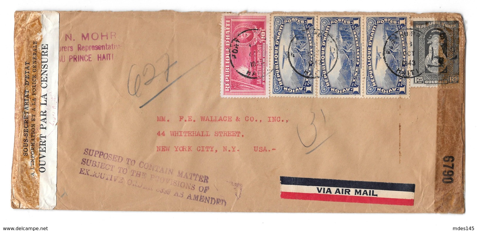 Haiti 1943 Double Censored Registered Auxiliary Mark Lottery Fraud Airmail Cover To US C9 C18 - Haïti