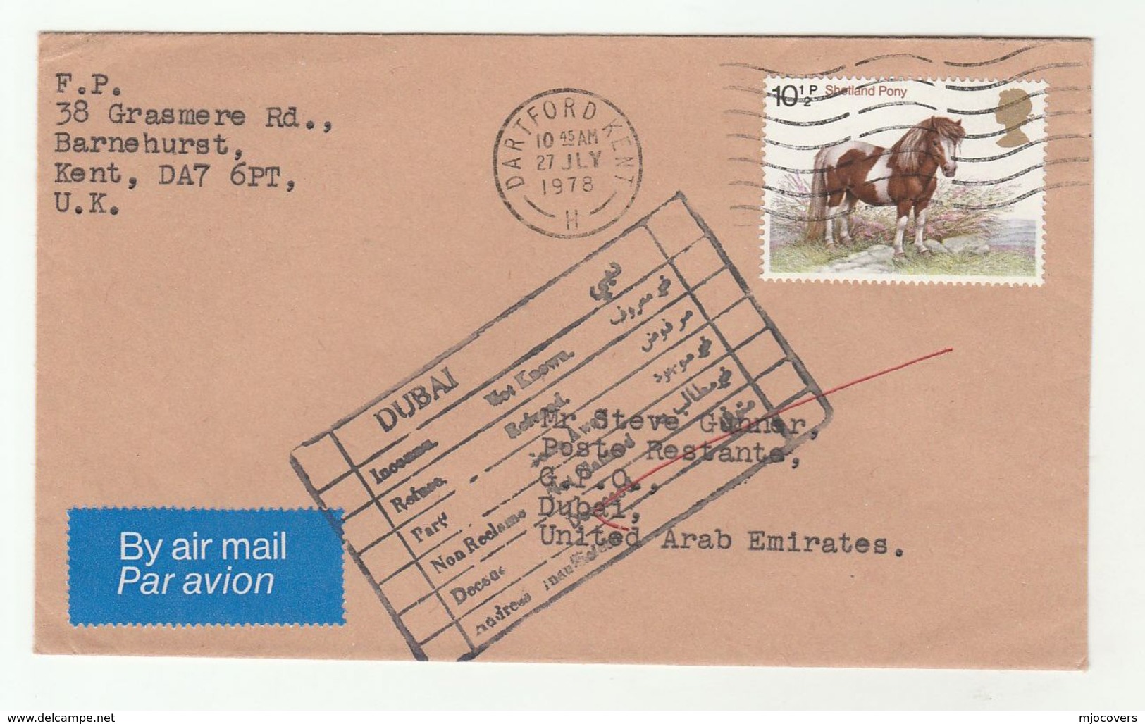 GB To DUBAI RETURNED TO SENDER Post Marking Airmail COVER Dartford To United Arab Emirates Horse Stamp Uae 1978 - United Arab Emirates (General)