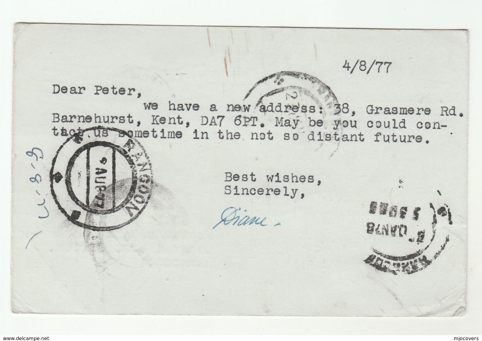 1977 GB To BURMA UPRATED  RETURNED UNCLAIMED Postal STATIONERY CARD Airmail Barnehurst To Rangoon , Stamps Cover - Stamped Stationery, Airletters & Aerogrammes