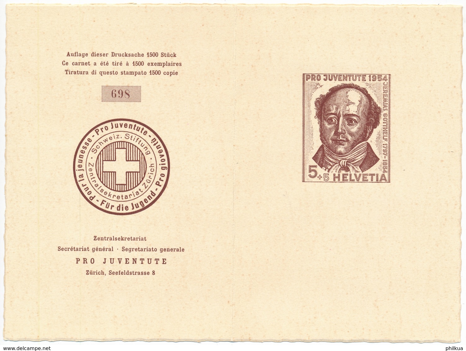 1954 Pro Juventute Dankeskärtli Mit Umschlag, Limitierte Auflage Vom Zentralsekretariat J153-J157 / 602-606 - Lettres & Documents