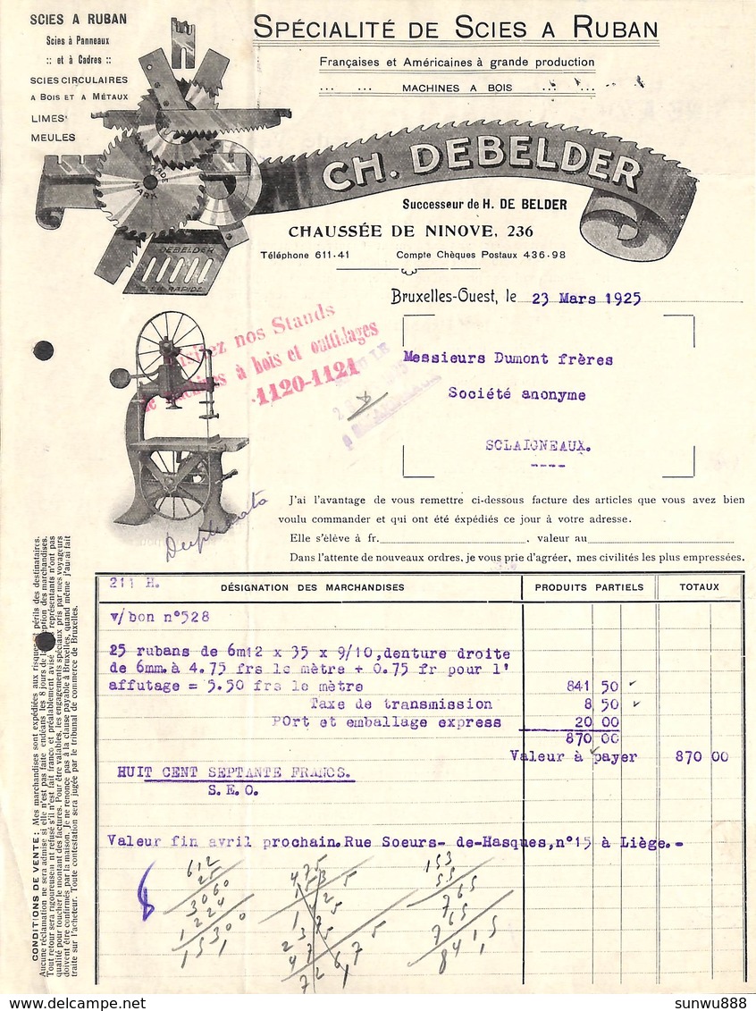 Bruxelles - Scies à Ruban - Ch. Debelder, Ch. De Ninove , Illustrée, 1925 - 1900 – 1949
