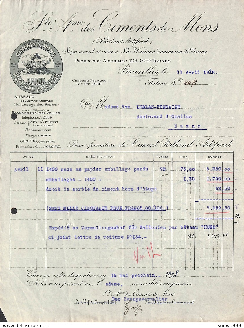 Bruxelles - Sté Des Ciments De Mons, Illustrée, 1928 - 1900 – 1949
